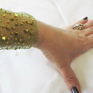 WIDE HAND KNITTED GREEN & GOLD BRACELET BANGLE